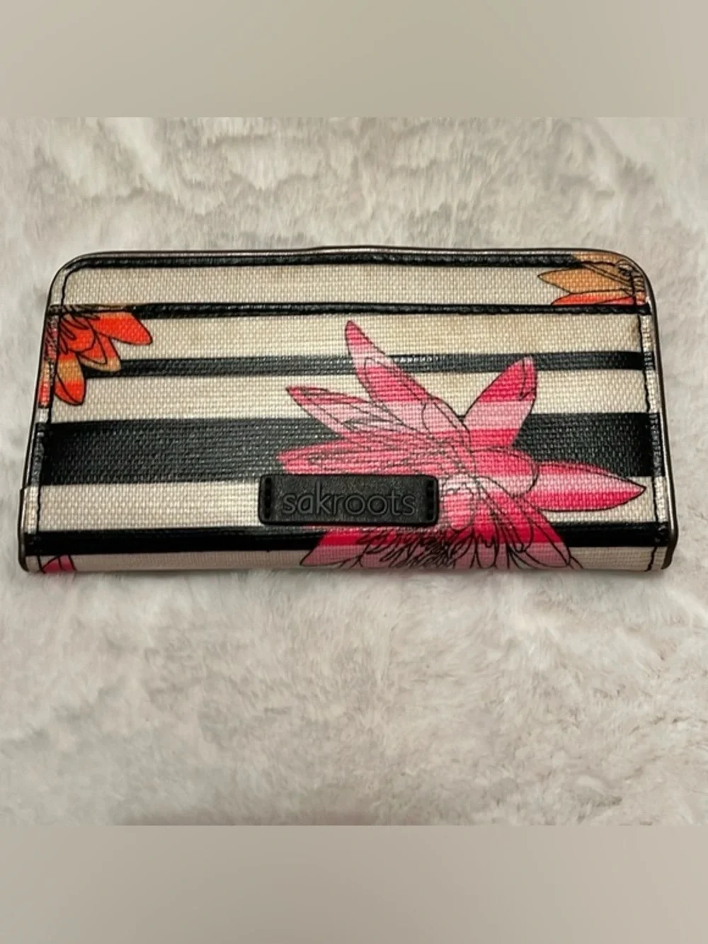 Sakroots Black-White Stripe Wallet with Pink Floral Accents